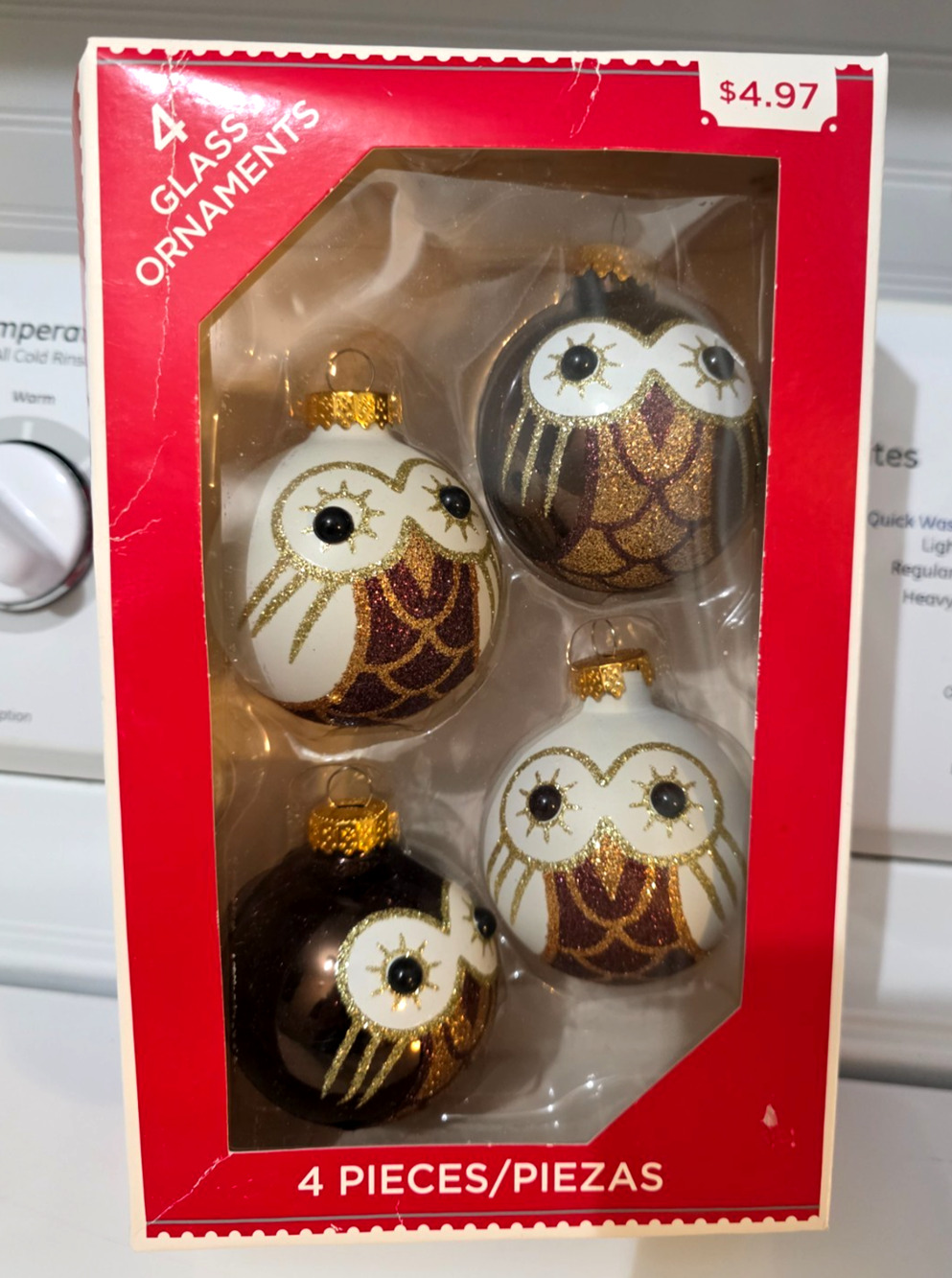 New Lot of 4 Glass Brown and Gold Glitter Owl Ornaments BALLS Christmas 2.25"